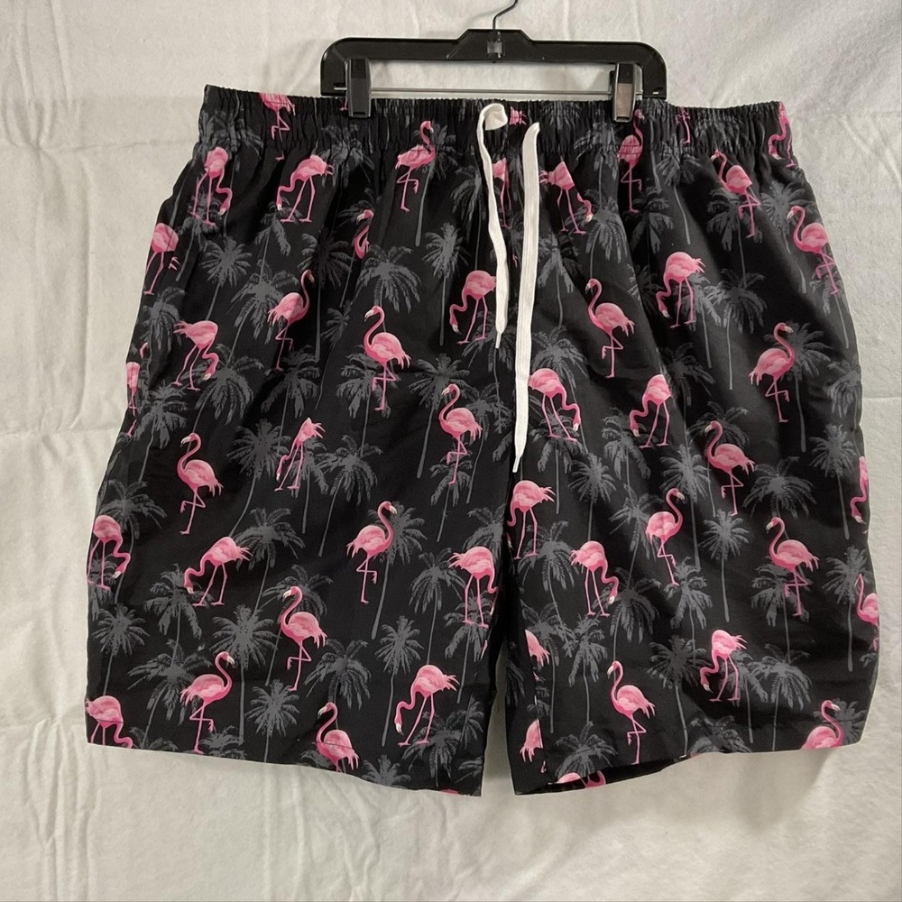 Flamingo Print‎ Shorts Mens 44 Black Tropical Drawstring Elastic Waist Pockets